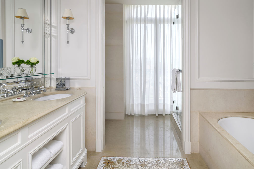 Bathroom of the Superior Partial Lake and Alps View Room at Beau-Rivage Palace in Lausanne overlooking Ouchy