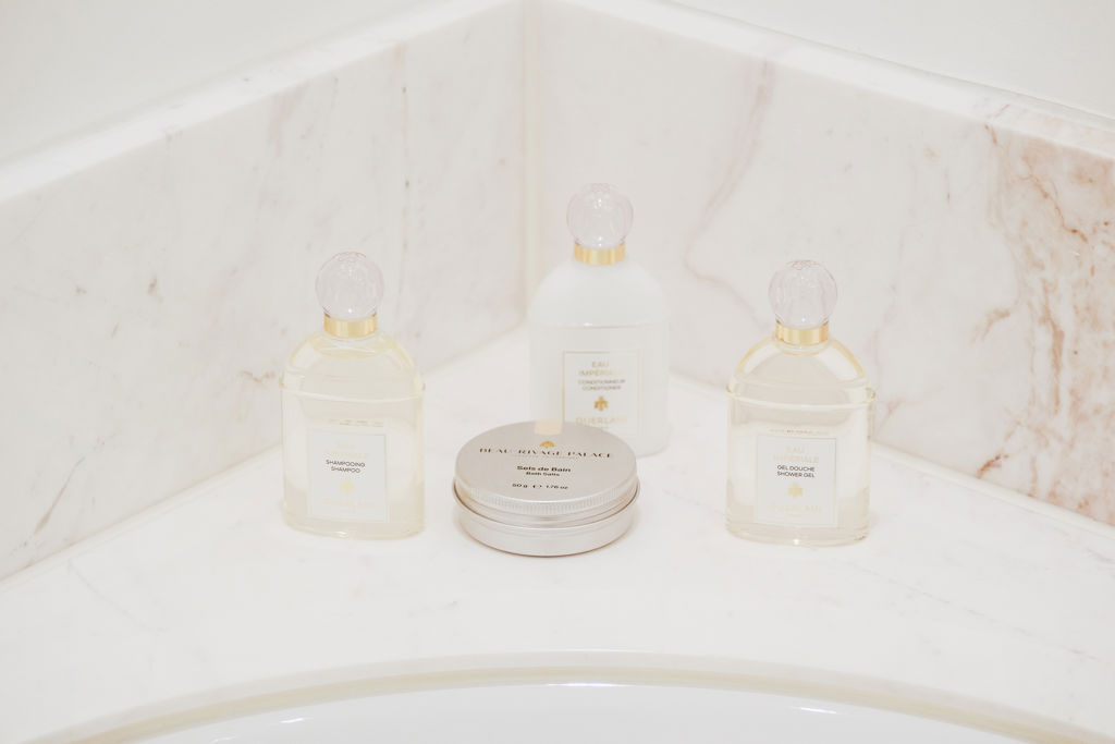 Details of the Guerlain products in the Bathroom of the Deluxe Riviera Room at Beau-Rivage Palace in Lausanne