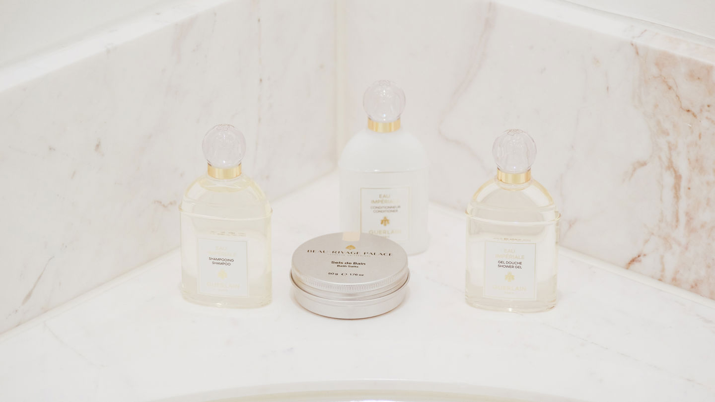 Details of the Guerlain products in the Bathroom of the Deluxe Riviera Room at Beau-Rivage Palace in Lausanne