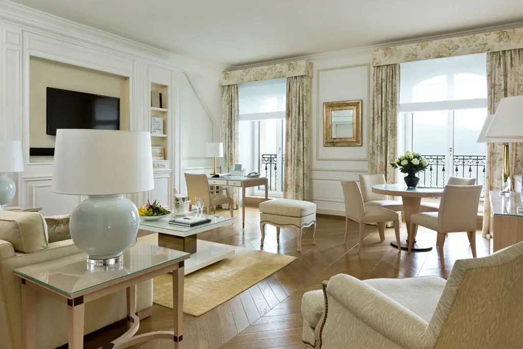 Living room of the Duplex Suite at Beau-Rivage Palace in Lausanne overlooking the lake and the Alps