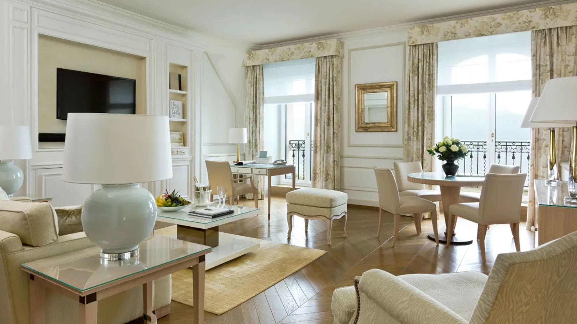 Living room of the Duplex Suite at Beau-Rivage Palace in Lausanne overlooking the lake and the Alps