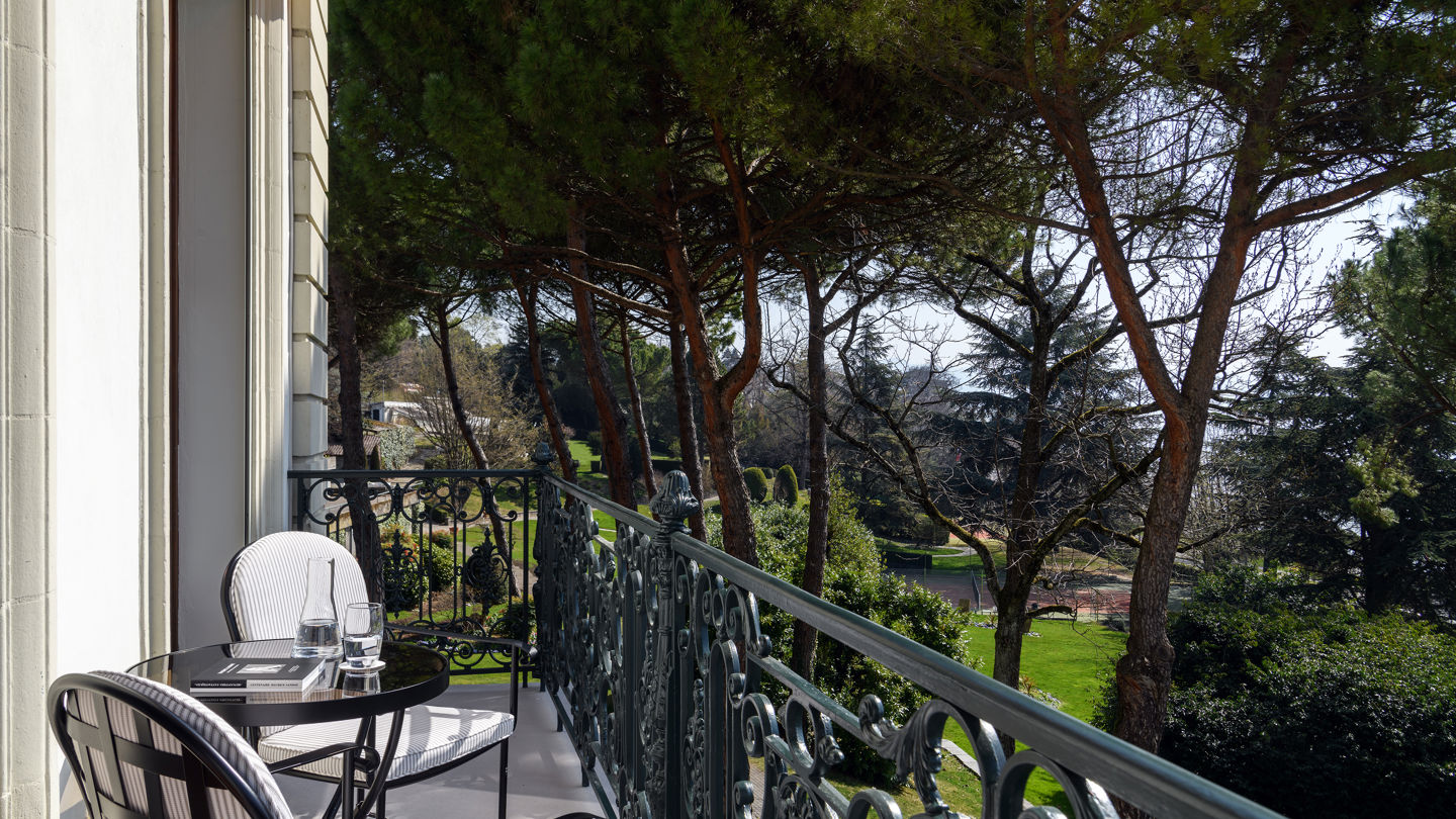View of the 10 acres park from the balcony of the Riviera Suite at Beau-Rivage Palace in Lausanne