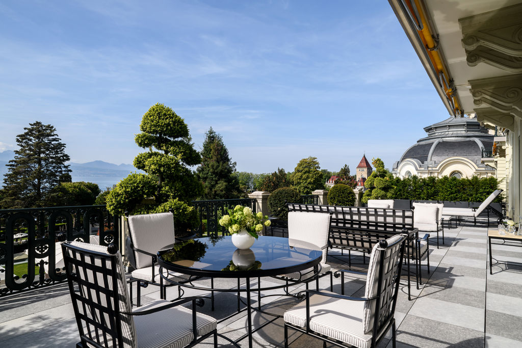 Terrace of the Imperial Suite overlooking the lake and the Alps at Beau-Rivage Palace in Lausanne