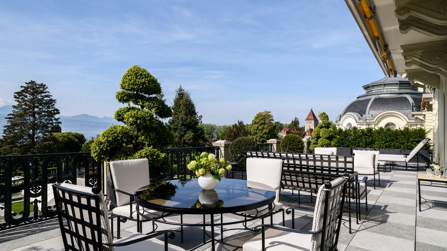 Terrace of the Imperial Suite overlooking the lake and the Alps at Beau-Rivage Palace in Lausanne