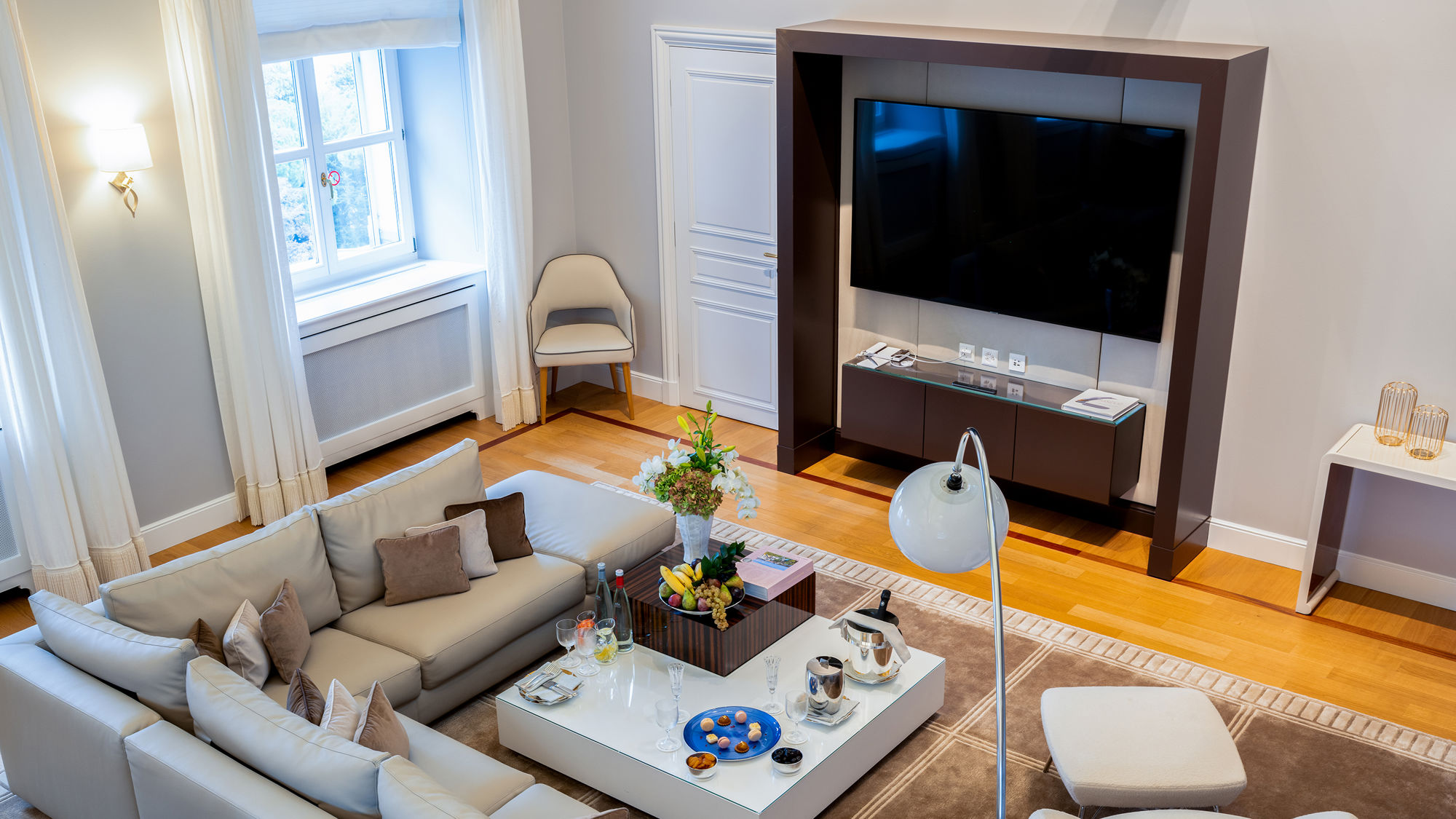 Living room of the the Panoramic Suite at Beau-Rivage Palace in Ouchy