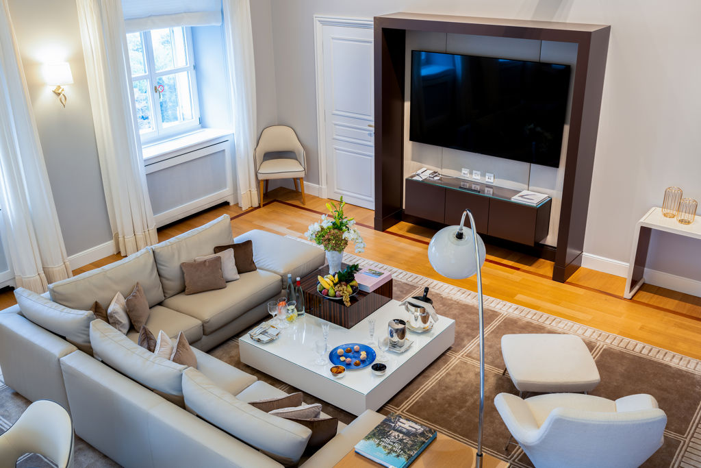 Living room of the the Panoramic Suite at Beau-Rivage Palace in Ouchy
