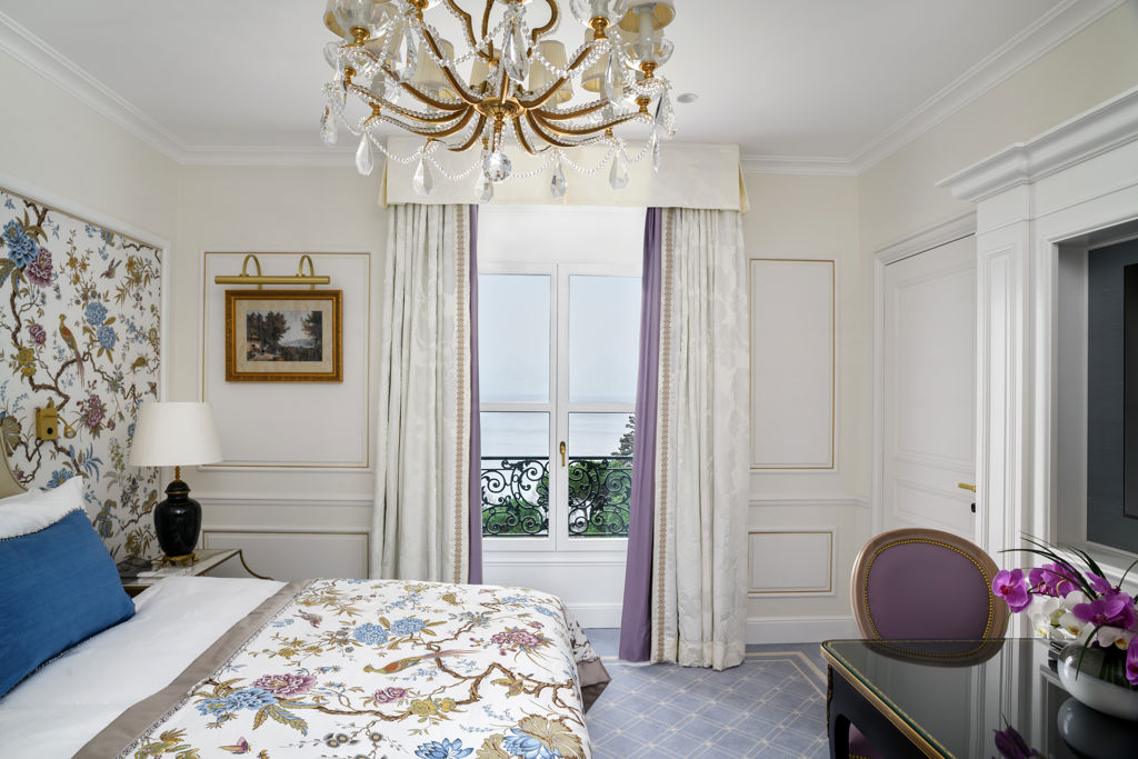 Bedroom of the Malmaison Suite at Beau-Rivage Palace in Lausanne overlooking the lake and the Alps