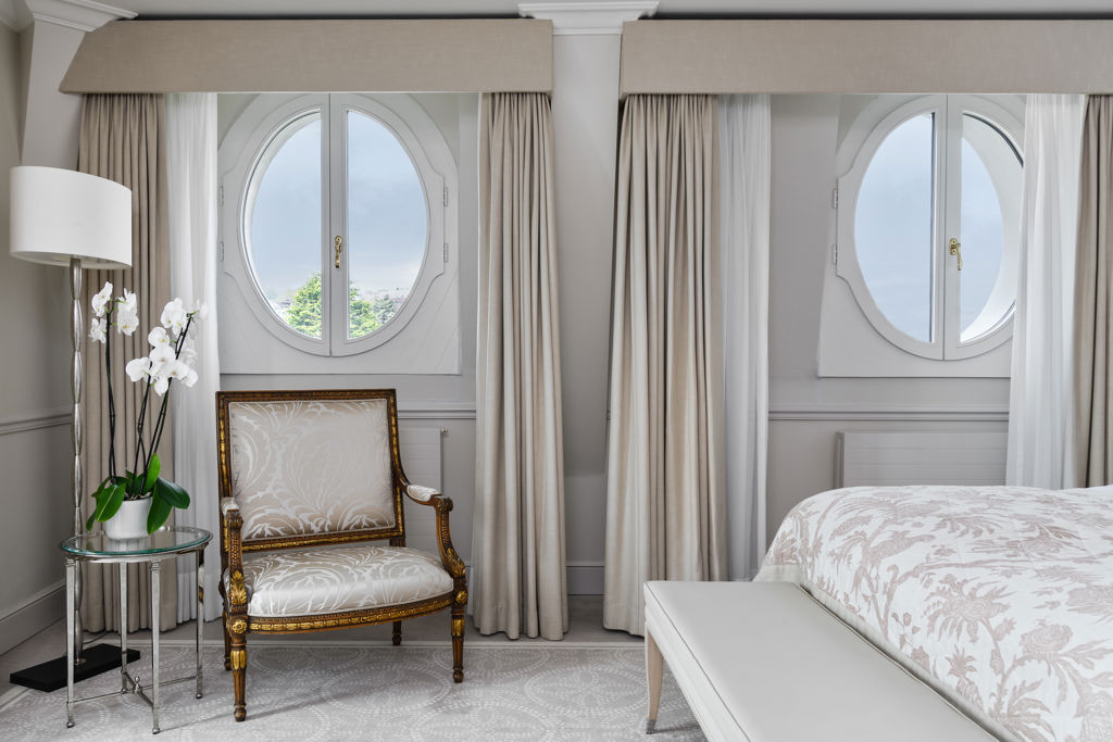 Details of the bedroom of the Deluxe City and Garden View Room at Beau-Rivage Palace in Lausanne overlooking the gardens