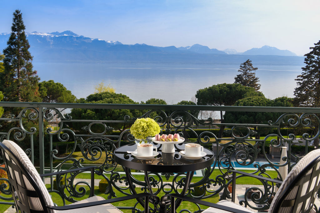 Terrace of the Deluxe Lake and Alps View Room at Beau-Rivage Palace in Lausanne