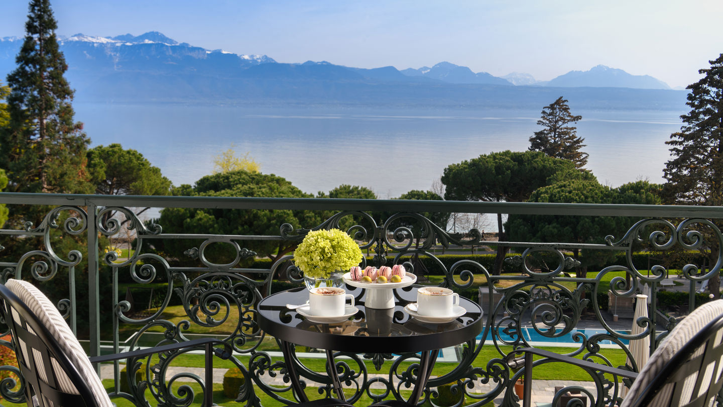 Terrace of the Deluxe Lake and Alps View Room at Beau-Rivage Palace in Lausanne