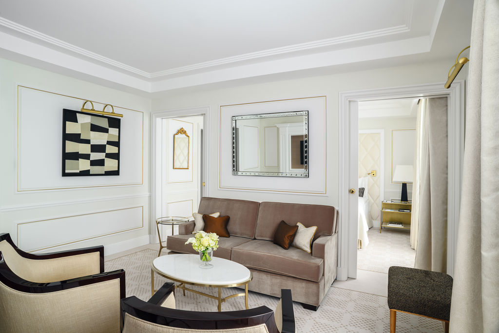 Lounge area of the Deluxe Riviera Room at Beau-Rivage Palace in Lausanne
