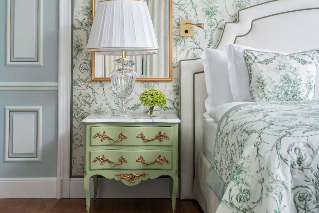 Details of the bedroom of the Junior Suite Beau-Rivage Room at Beau-Rivage Palace in Ouchy