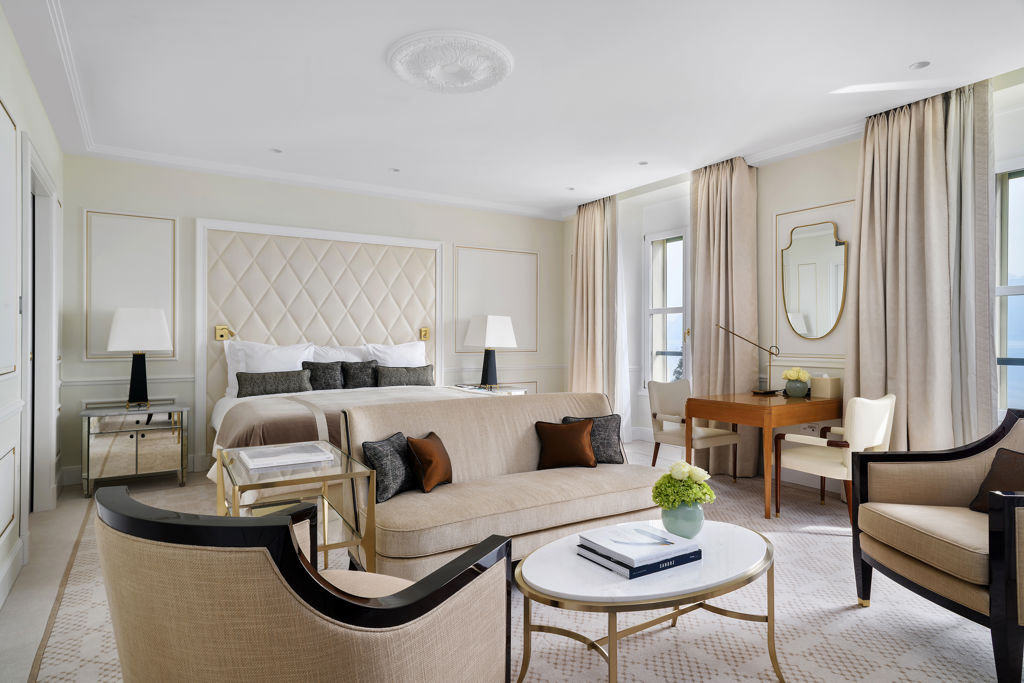 Bedroom of the Art Déco Suite at Beau-Rivage Palace in Ouchy overlooking the lake and the Alps