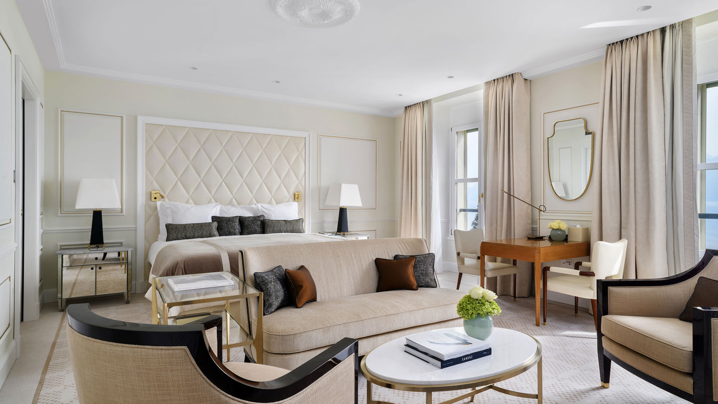 Bedroom of the Art Déco Suite at Beau-Rivage Palace in Ouchy overlooking the lake and the Alps