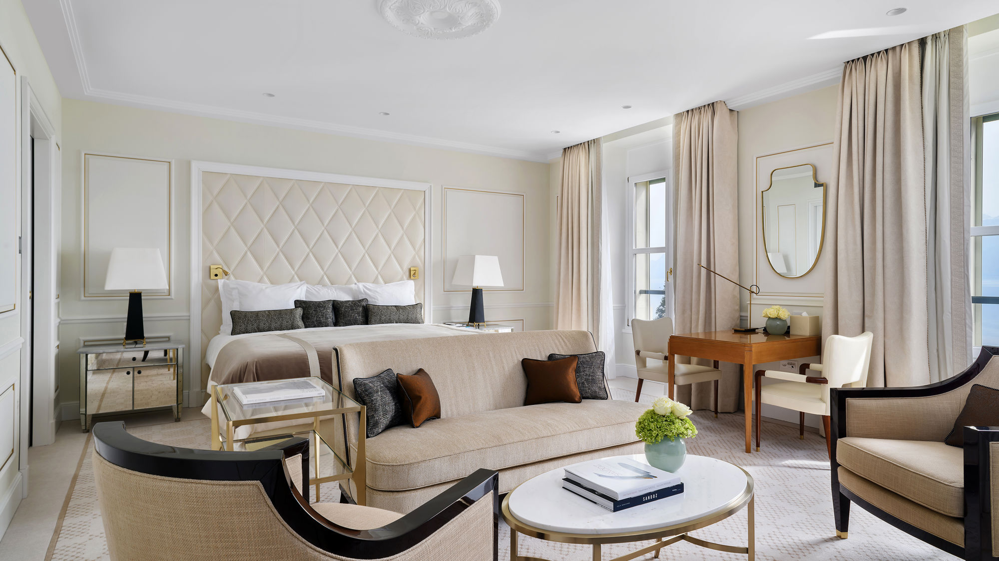 Bedroom of the Art Déco Suite at Beau-Rivage Palace in Ouchy overlooking the lake and the Alps