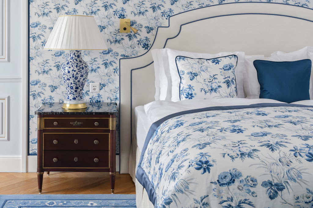 Details of the bedroom of the Junior Suite Beau-Rivage Room at Beau-Rivage Palace in Ouchy