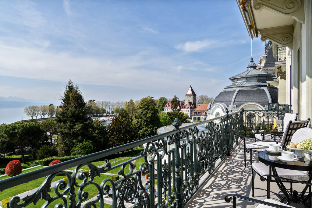 Sunbathed terrace of the Royal Suite at Beau-Rivage Palace in Lausanne overlooking the lake and the Alps