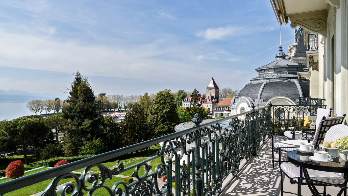 Sunbathed terrace of the Royal Suite at Beau-Rivage Palace in Lausanne overlooking the lake and the Alps