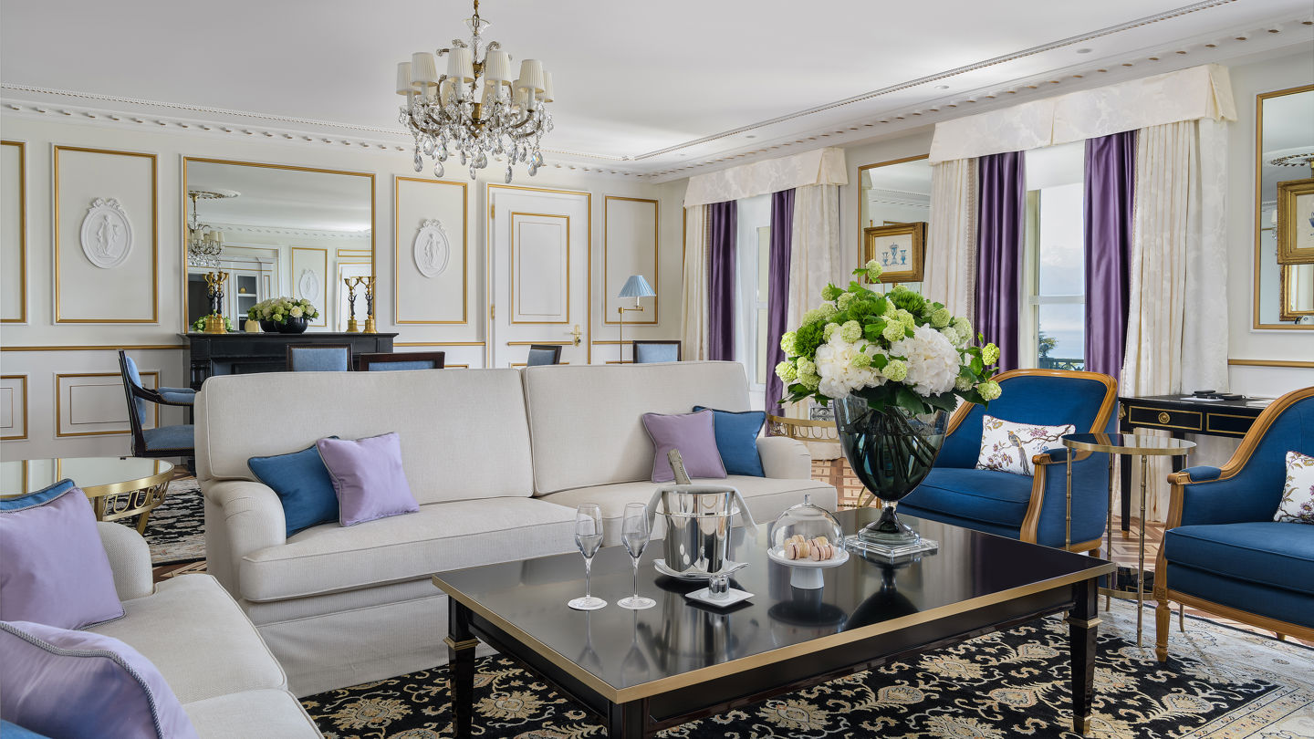 Living room of the Malmaison Suite at Beau-Rivage Palace in Lausanne overlooking the lake and the Alps