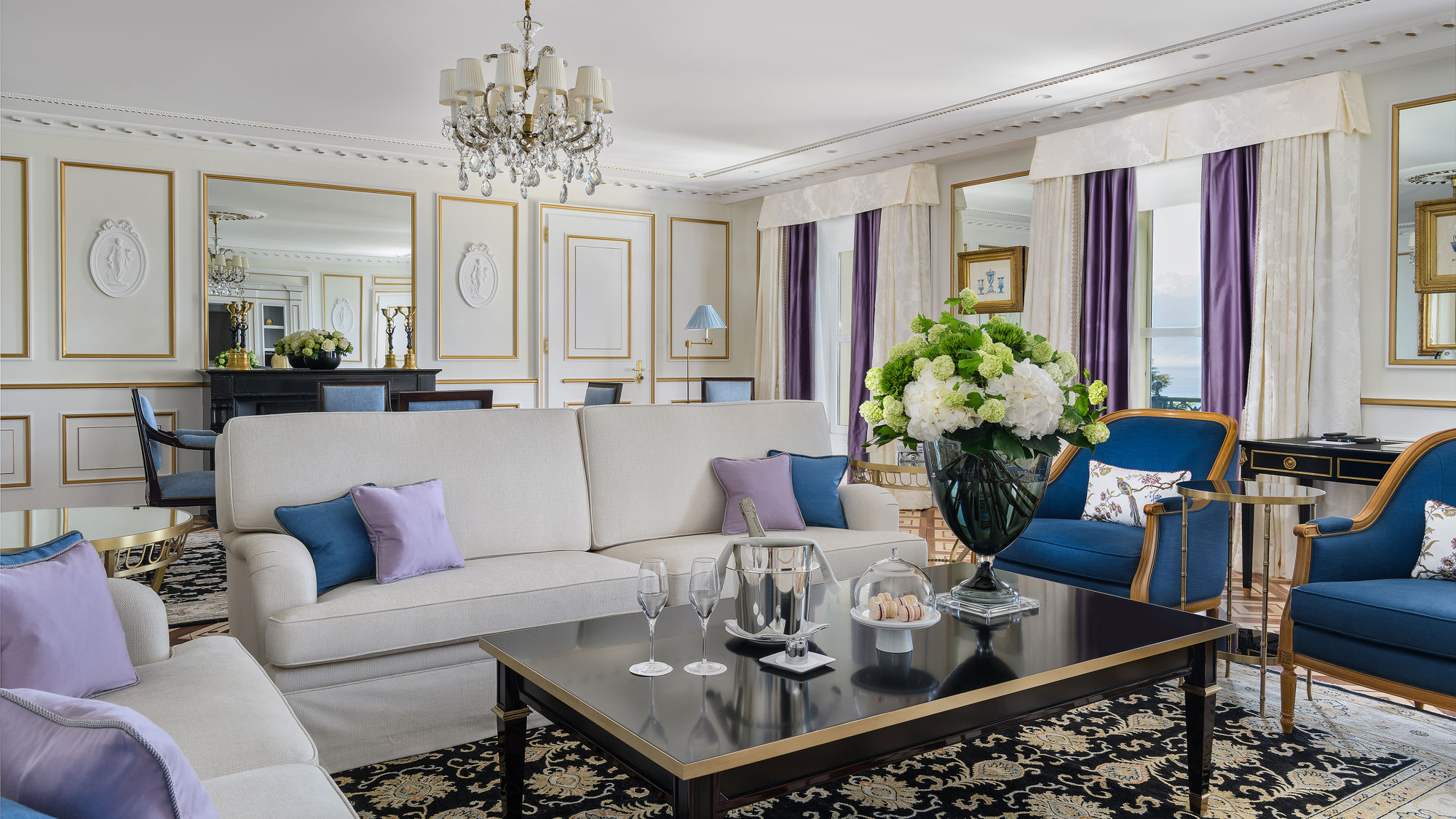 Living room of the Malmaison Suite at Beau-Rivage Palace in Lausanne overlooking the lake and the Alps