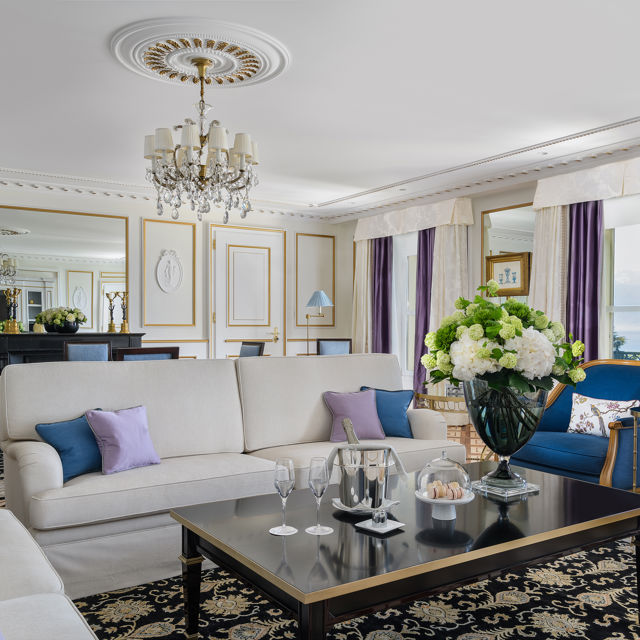 Living room of the Malmaison Suite at Beau-Rivage Palace in Lausanne overlooking the lake and the Alps