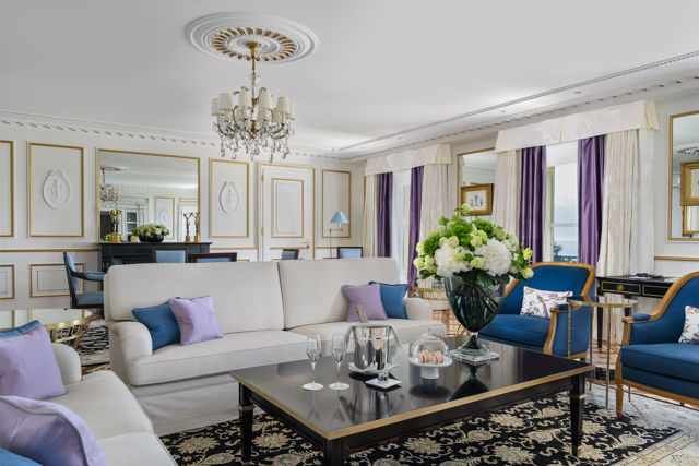 Living room of the Malmaison Suite at Beau-Rivage Palace in Lausanne overlooking the lake and the Alps