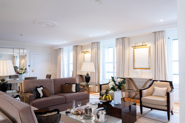 Living room of the Art Déco Suite at Beau-Rivage Palace in Lausanne overlooking the lake and the Alps