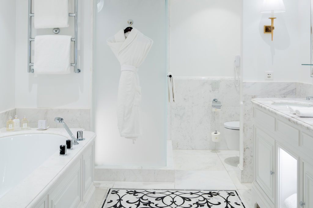 Luxury bathroom in the Art Déco Suite at Beau-Rivage Palace in Ouchy