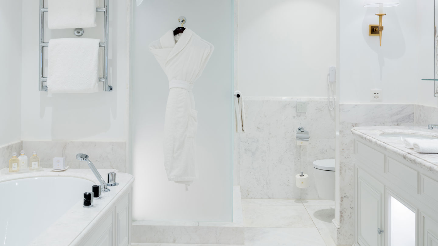Luxury bathroom in the Art Déco Suite at Beau-Rivage Palace in Ouchy