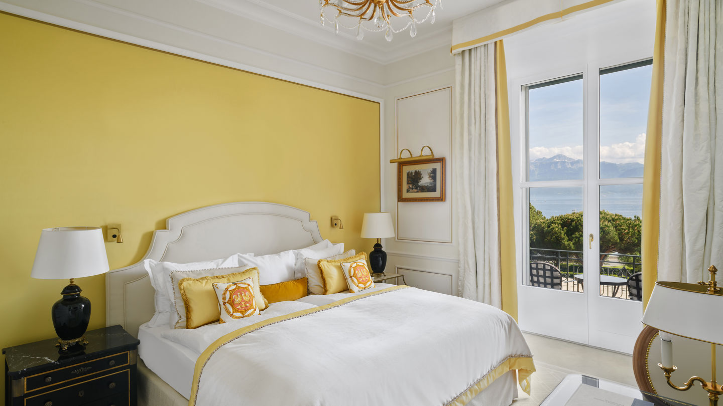 Bedroom of the Imperial Suite at Beau-Rivage Palace in Lausanne overlooking the lake and the Alps