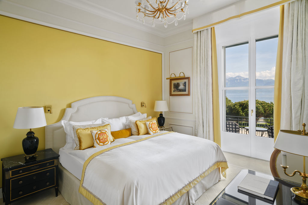 Bedroom of the Imperial Suite at Beau-Rivage Palace in Lausanne overlooking the lake and the Alps