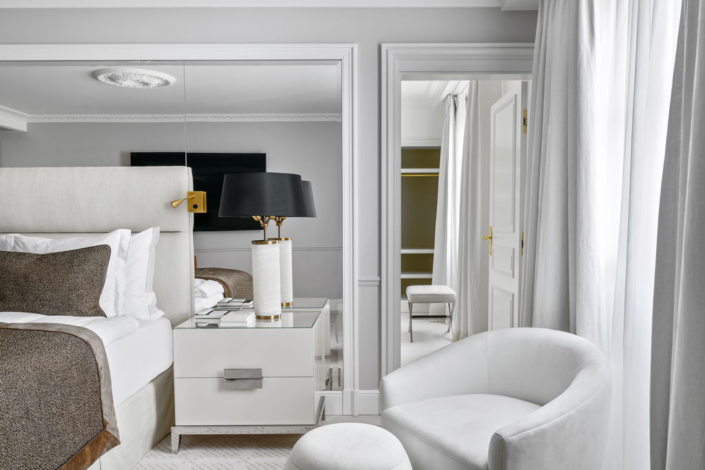Details of the bedroom of the Panoramic Suite at Beau-Rivage Palace in Ouchy