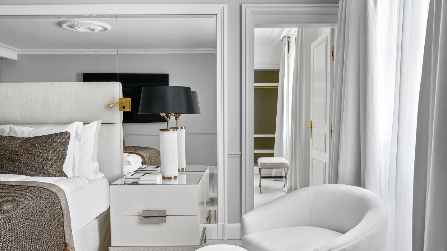 Details of the bedroom of the Panoramic Suite at Beau-Rivage Palace in Ouchy