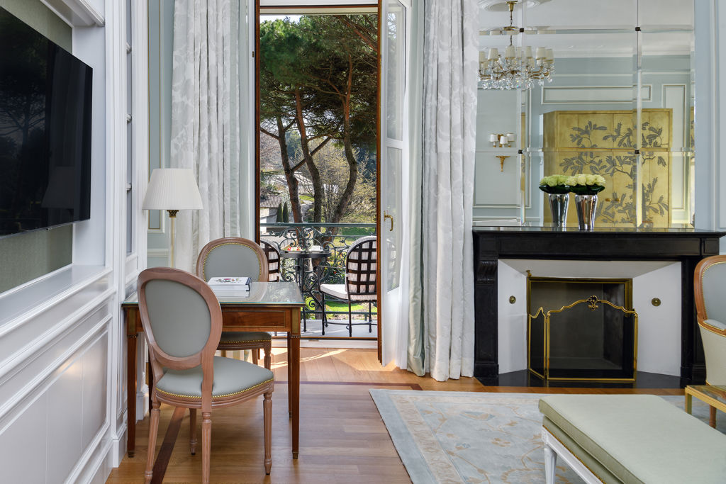 View of the 10 acres park through the balcony of the Riviera Suite at Beau-Rivage Palace in Lausanne