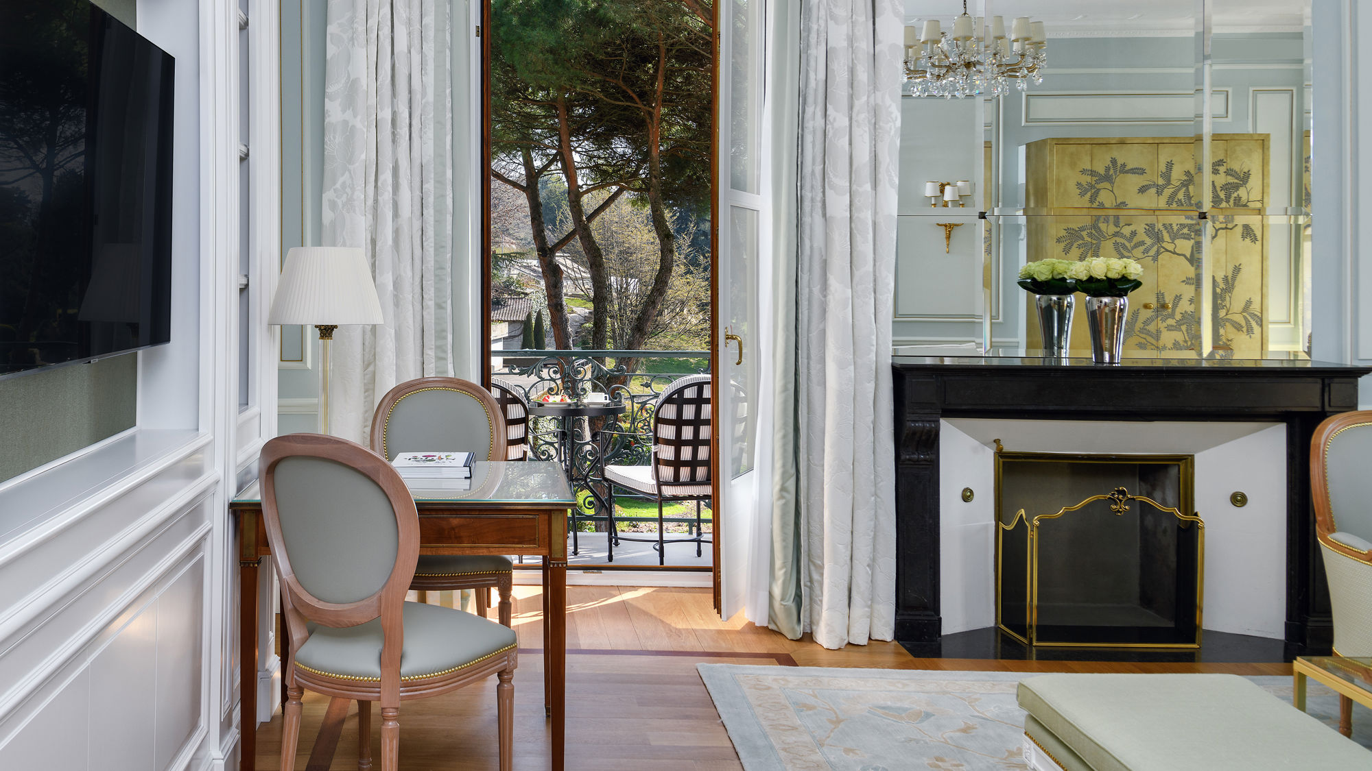 View of the 10 acres park through the balcony of the Riviera Suite at Beau-Rivage Palace in Lausanne