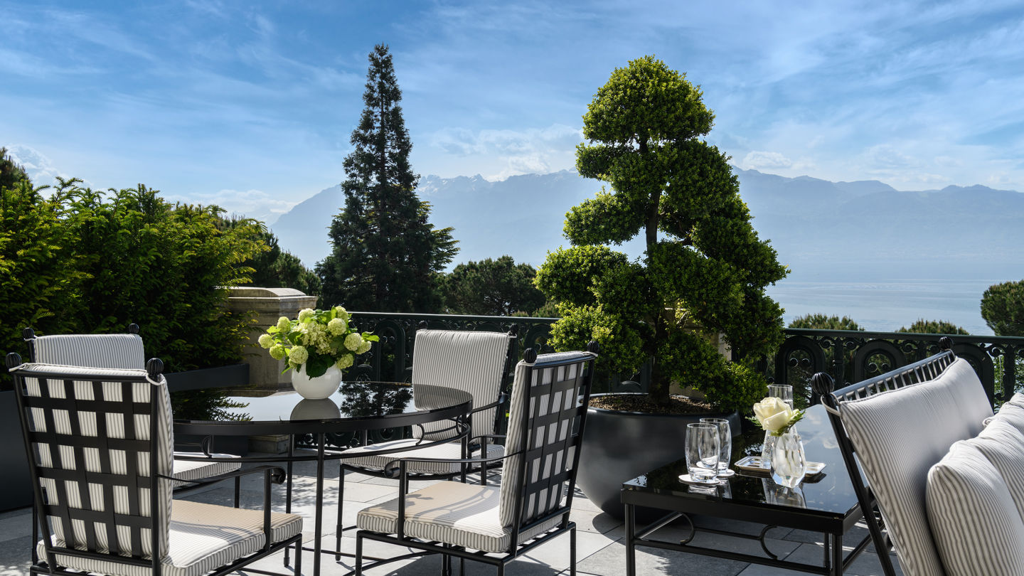 Terrace of the Imperial Suite overlooking the lake and the Alps at Beau-Rivage Palace in Lausanne