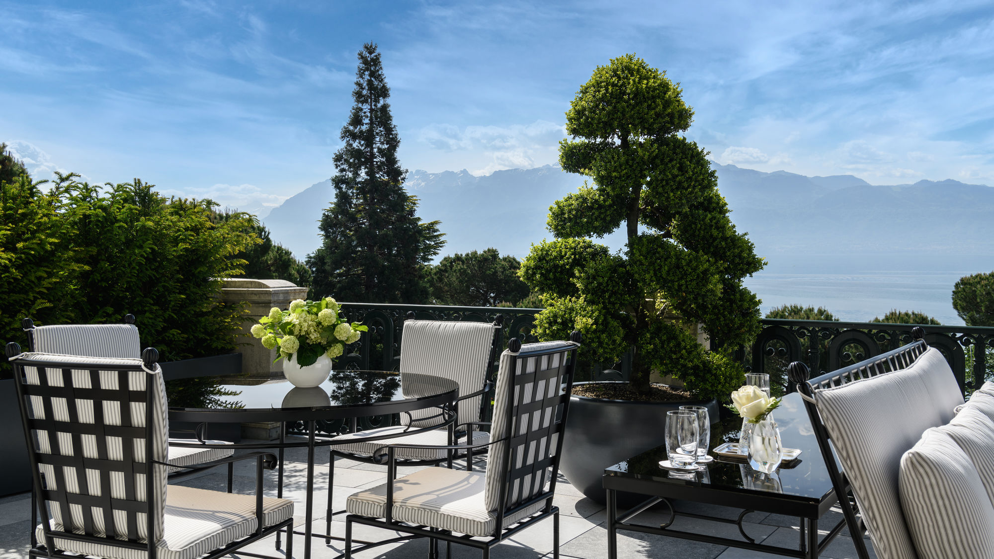 Terrace of the Imperial Suite overlooking the lake and the Alps at Beau-Rivage Palace in Lausanne