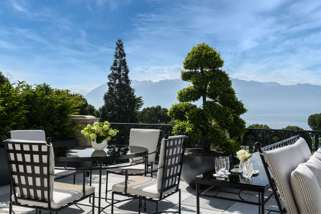 Terrace of the Imperial Suite overlooking the lake and the Alps at Beau-Rivage Palace in Lausanne