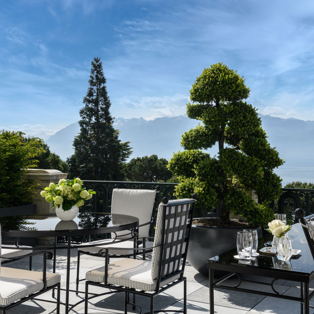 Terrace of the Imperial Suite overlooking the lake and the Alps at Beau-Rivage Palace in Lausanne