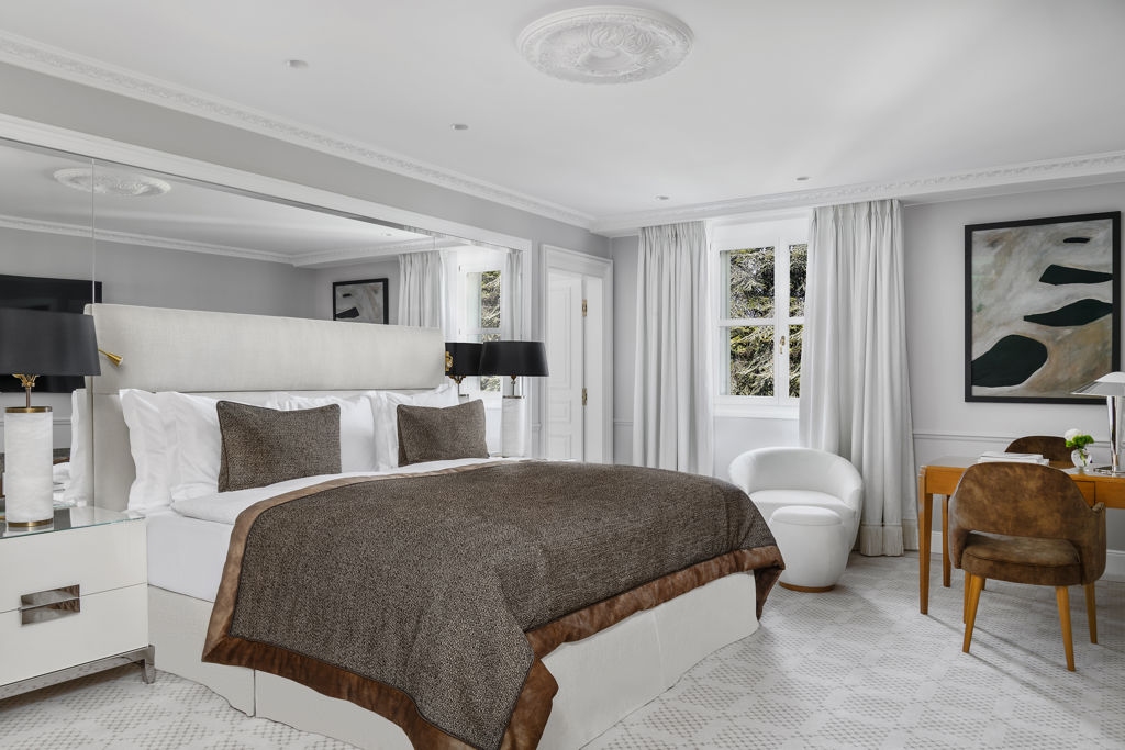 Bedroom of the Panoramic Suite at Beau-Rivage Palace in Ouchy overlooking the gardens