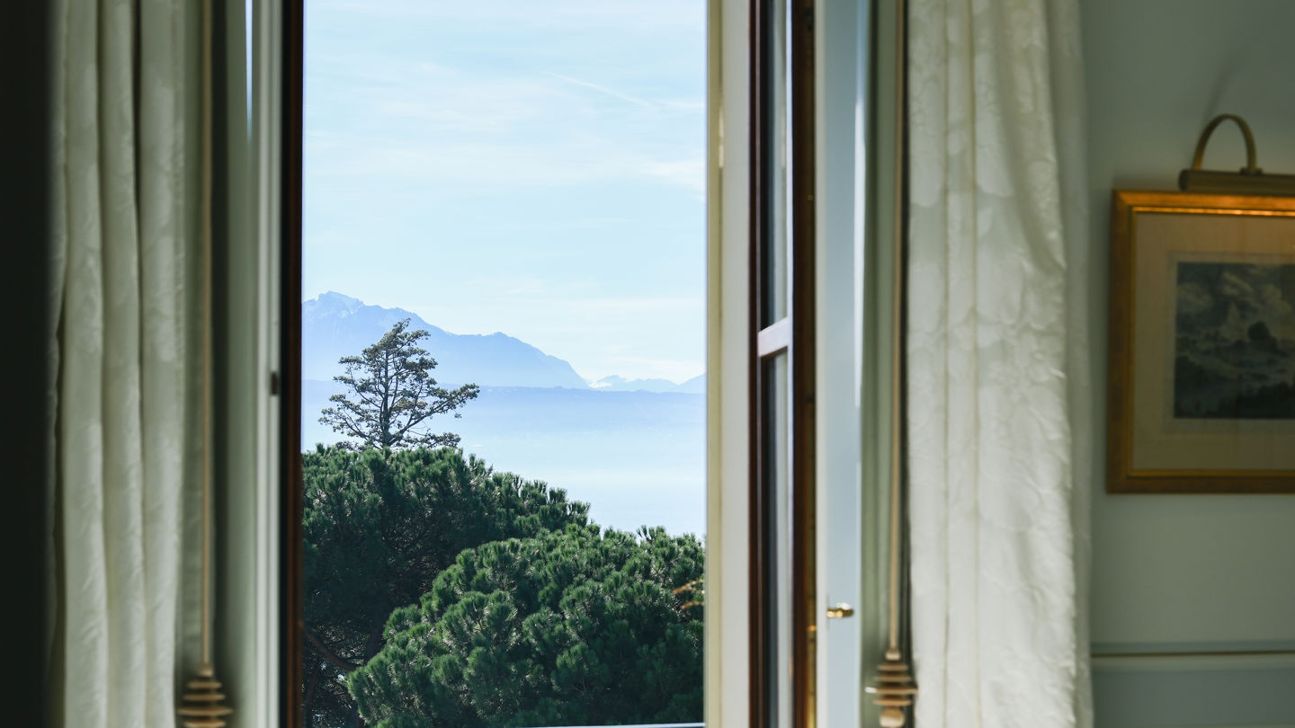 View of the the lake and the Alps from the Riviera Suite at Beau-Rivage Palace in Lausanne