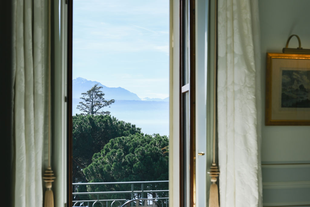 View of the the lake and the Alps from the Riviera Suite at Beau-Rivage Palace in Lausanne