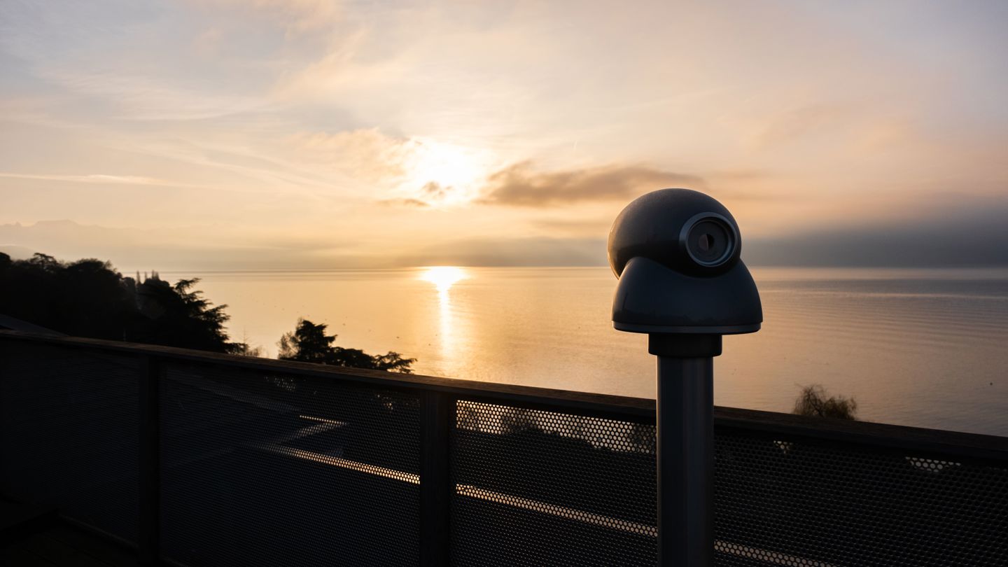 View of the the lake and the Alps from the rooftop terrace of the Panoramic Suite at Beau-Rivage Palace in Lausanne