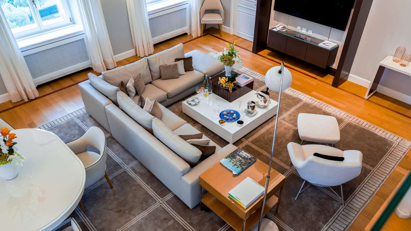 Living room of the the Panoramic Suite at Beau-Rivage Palace in Ouchy