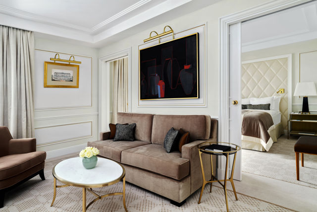 Lounge area of the Deluxe Riviera Room at Beau-Rivage Palace in Lausanne