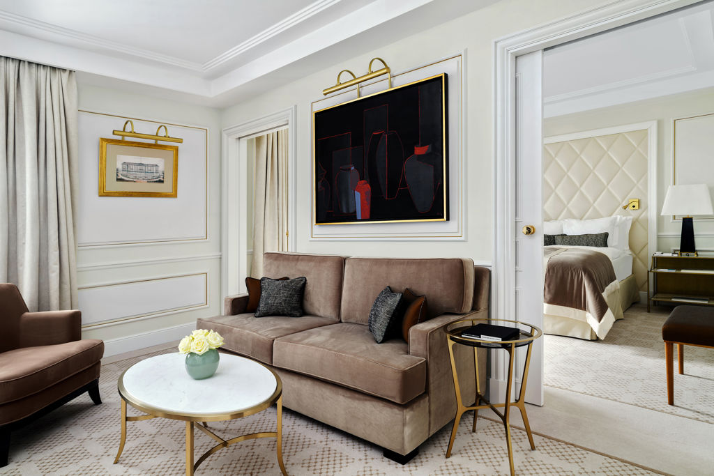 Lounge area of the Deluxe Riviera Room at Beau-Rivage Palace in Lausanne
