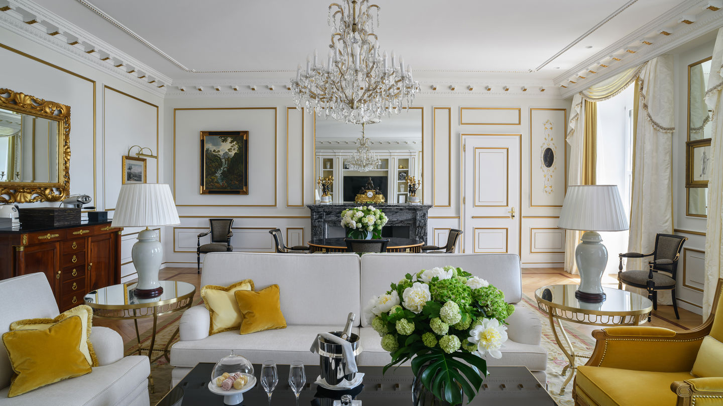 Living room of the Imperial Suite at Beau-Rivage Palace in Lausanne overlooking the lake and the Alps