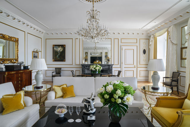 Living room of the Imperial Suite at Beau-Rivage Palace in Lausanne overlooking the lake and the Alps