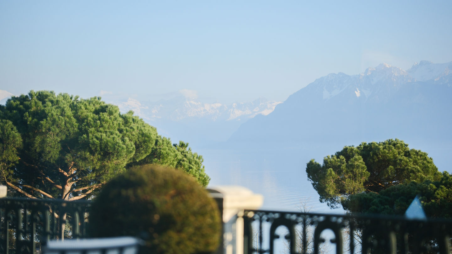 View over the lake and the Alps from the terrace of the Imperial Suite at Beau Rivage Palace in Lausanne